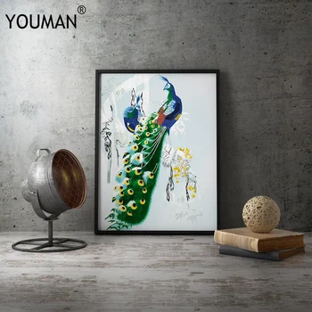 

2019 Hot Sale Poster Green Peacock Framed Poster Hand Embroidery Canvas Room Decoration Print Poster Picture Canvas Home Decor