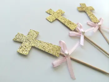 

glitter cross cupcake Toppers baptism baby shower birthday party cake decorations food picks supplies