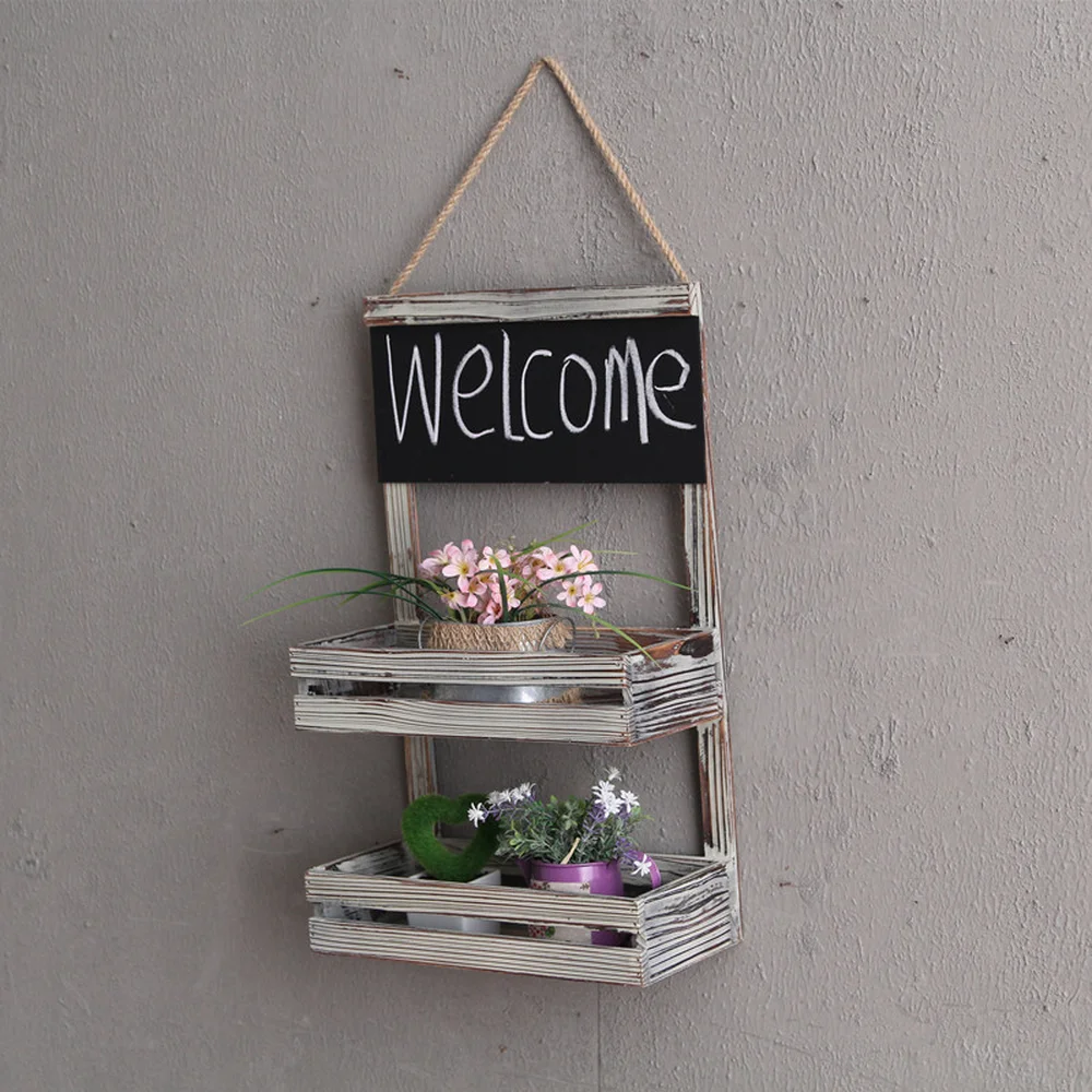 

Pastoral retro creative small blackboard 2 layer log color shelf wall hanging flower stand wholesale lo813345