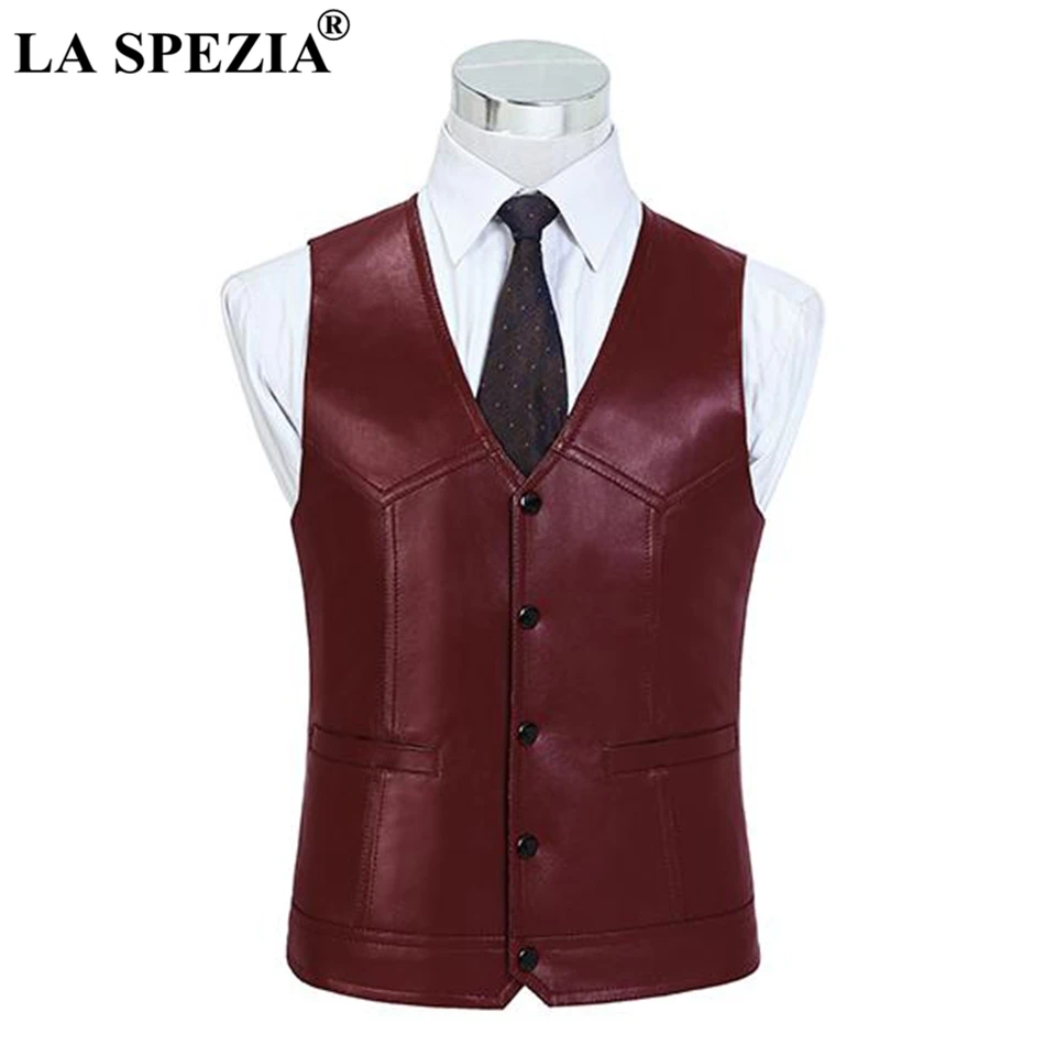 LA SPEZIA Brown Waistcoat For Men Genuine Sheepskin Leather Slim Fit Classic Vest Natural Leather Luxury Brand Sleeveless Jacket