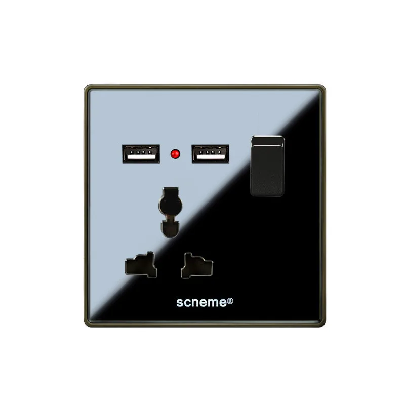 

Universal wall Outlet, Double 2.1A USB port wall socket with 1Gang ON/OFF switch, Black acrylic electrical plug outlet, 10A 250V
