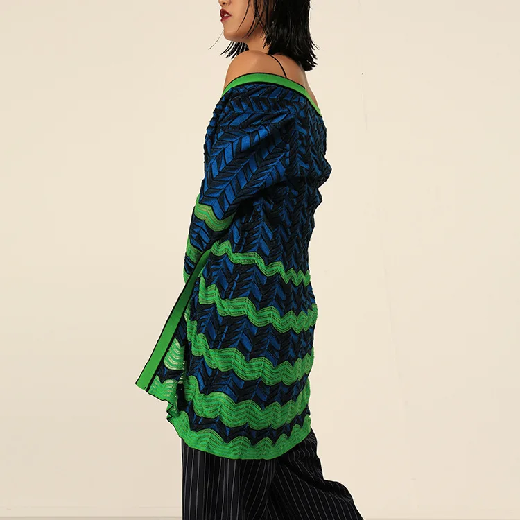 Кардиганы в итальянском стиле, новинка, Осенний Европейский женский свитер в полоску с длинными рукавами, синий и зеленый цвета