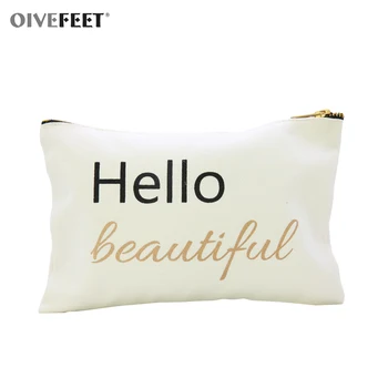 

OIVEFEET LGC192,Hello Beautiful White Cotton Canvas Cosmetic Bag Metallic Print Make up Pouch Bridesmaid Gift Wedding Bag
