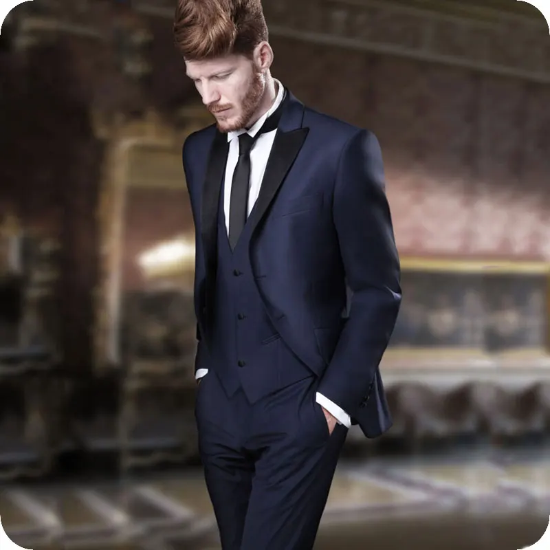 Navy Blue Men Suits for Wedding Groom Tuxedos Slim Fit Prom Suits Peaked Lapel 3Piece Latest Coat Pants Designs Terno Masculino