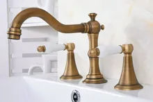 Antique Brass White Dual Ceramic Levers Handles Widespread 3 Hole Install Bathroom Sink Basin Faucet Mixer Taps aan084