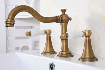 Antique Brass White Dual Ceramic Levers Handles Widespread 3 Hole Install Bathroom Sink Basin Faucet Mixer Taps aan084 high quality chrome brass widespread bathroom basin mixer faucet double handles wall mount