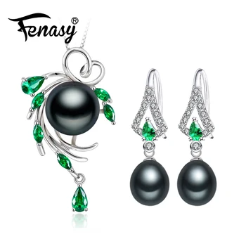 

FENASY Pearl Jewelry Sets Bohemian 925 sterling silver Pearl Pendant Necklace Earrings For Women Emerald natural ethnic earrings