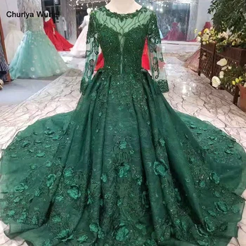 

LSS247 green mothers of brides dress wedding party long tulle sleeve o-neck zipper back muslim evening dress A-line party dress