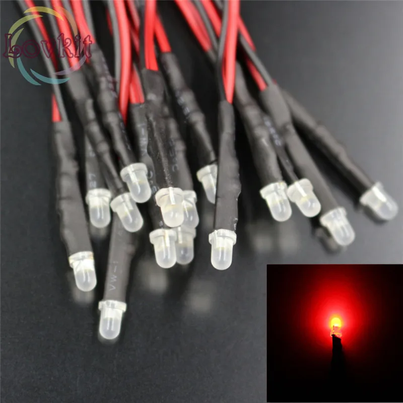 

50pcs 3mm 12v DC 20cm Pre-Wired Round top Diffused Red LED Emitting Diode For automotive Light DIY Wholesale Retail Hot SALE