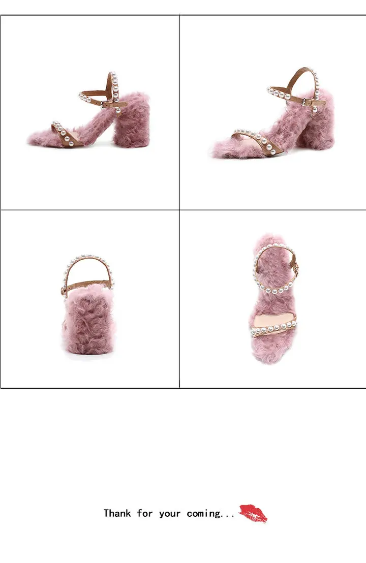 Роскошные женские босоножки на высоком каблуке с овечьим мехом и жемчугом, летняя обувь на блочном каблуке, удобные женские босоножки розового цвета, новинка года