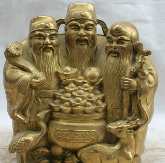 

JP S0524 12" Chinese Brass Folk FengShui bird deer 3 Longevity God Fu Lu Shou Life Statue (B0413)