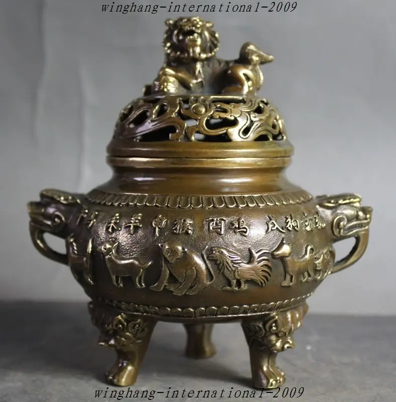 

Crafts statue Marked Old Chinese Fengshui Bronze 12 Zodiac Animal Statue Incense burner Censer