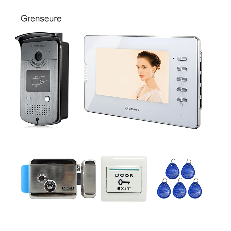 

FREE SHIPPING NEW 7" Video Door Phone Intercom System + 1 White Monitor + 1 RFID Access Doorbell Camera + Electric Lock In Stock