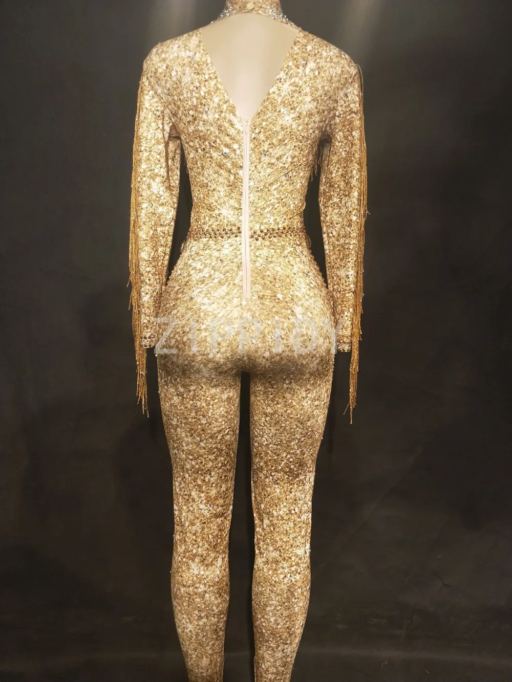 Sparkly Gold Stones Tassel Jumpsuit Rhinestones Sexy Bodysuit Female Singer Evening Stage Wear Women's Birthday Celebrate Outfit