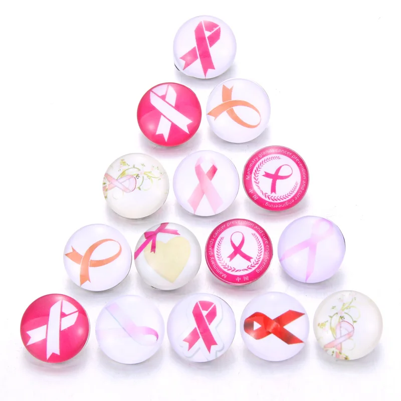 

10pcs New snap Jewelry Random Mix Styles Pink Ribbon 18mm Print Glass Cabochon Snap Buttons Fit DIY Bracelets Bangles Jewelry