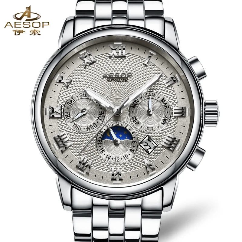 

Business Brand Men's Watch Machinery Automatic Boys Watches All Steel Calendar Week Moonlight Night Light Carnival Male Clock