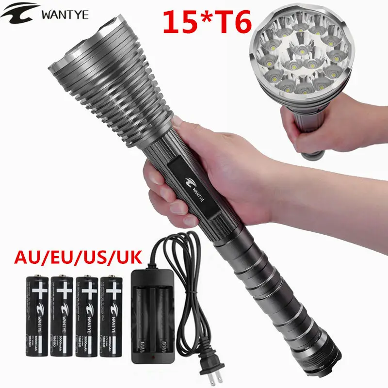 

15T6 LED Flashlight Lanterna 30000lm 15x XML T6 led Torch Self Defense Tactical Flash light 5 Modes lamp+18650 battery/charger