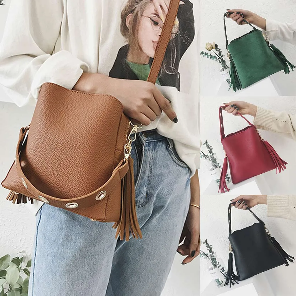 الرجعية دلو حقيبة البقر جلد البقر شرابة رسول الرجعية الكتف أسلوب بسيط Crossbody حقيبة