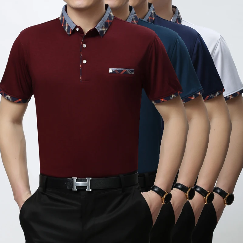 Новая летняя мужская повседневная однотонная шелковая хлопковая рубашка Поло рубашка с коротким рукавом