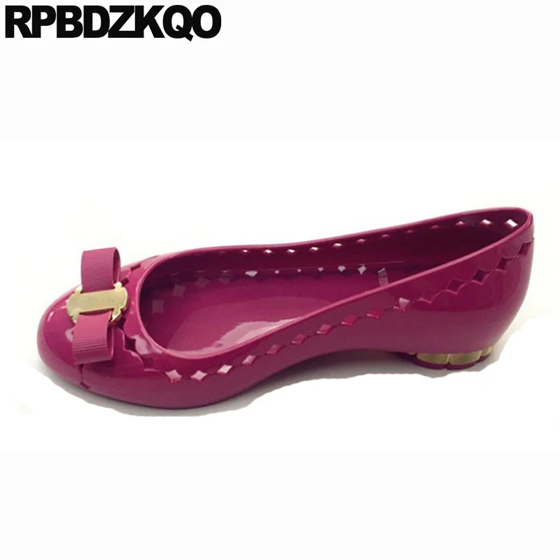 Women Dress Shoes Peach Peacock Flats Metal Drop Shipping Hollow Out Slip On Jelly Round Toe Bow Breathable Cute Patent Leather