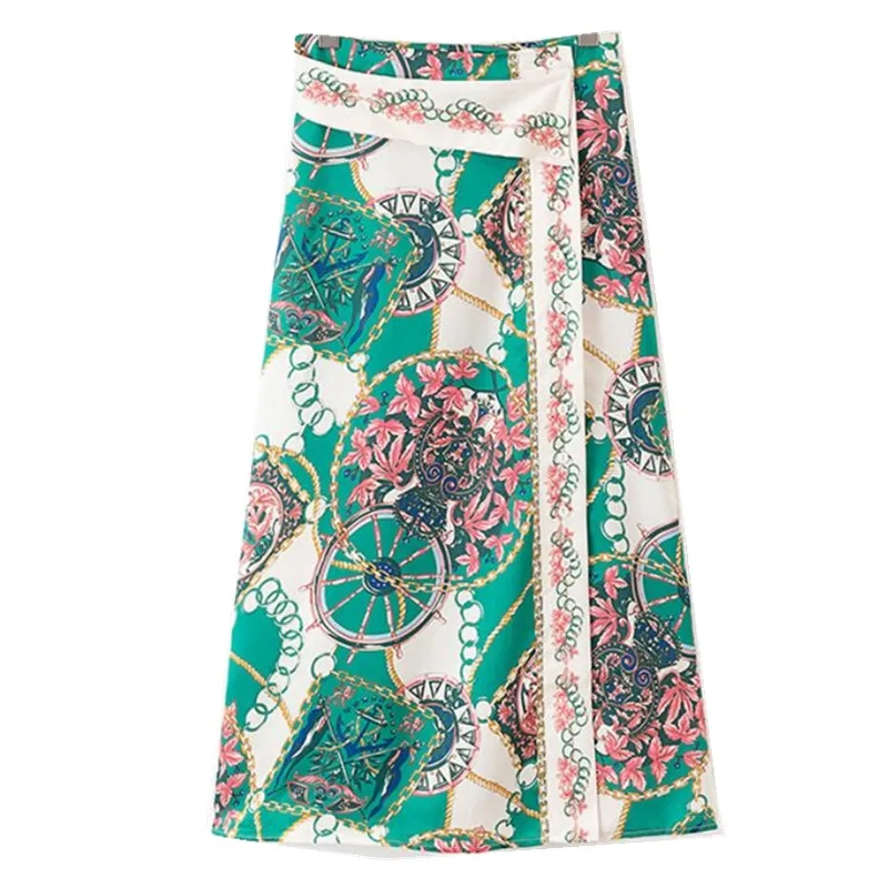 2019 Women BOHO High Waist Slit Contrast Color Chain Print Skirt Single-breasted button Split A-line Skirts