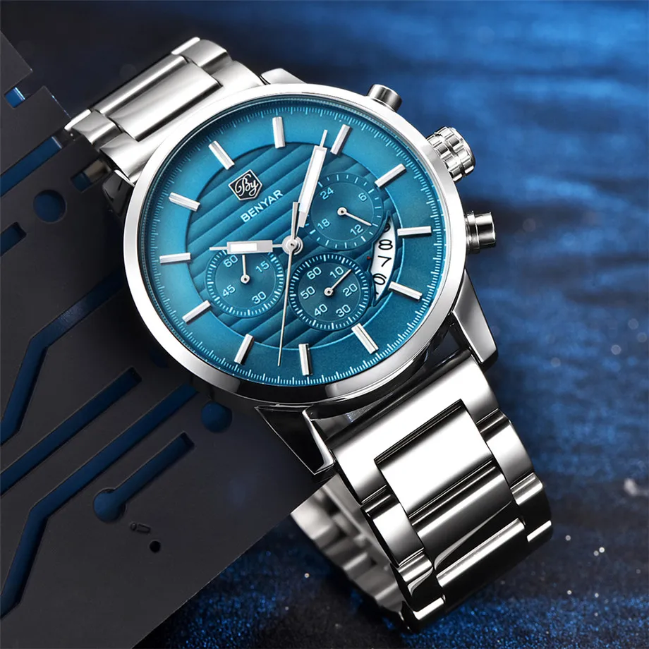 BENYAR Watches Men Chronograph Stainless Steel Calender Water Resistant Formal Wristwatches Man's Casual Male Clock Montre Homme (12)
