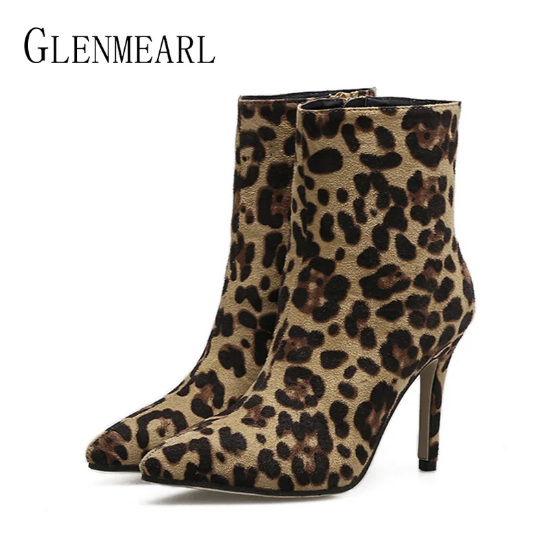 

Women Boots Winter Shoes High Heels Sexy Leopard Ankle Boots Woman Pointed Toe Zipper Fashion Shoes Heel Female Boots Plus Size