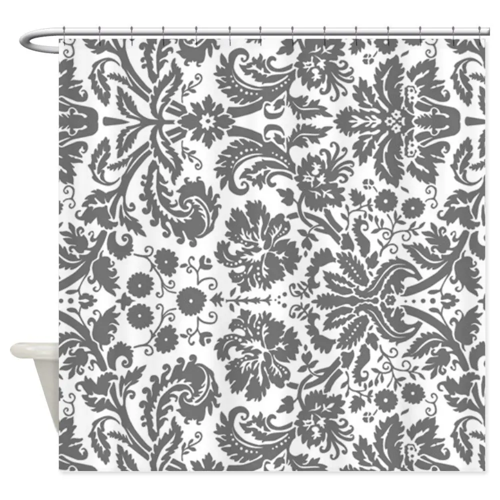 Gray White Damask Decorative Fabric Shower Curtain Waterproof Polyester