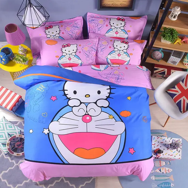Free Shipping Hot Good Quality 3/4 pcs Doraemon Bedding Set Children