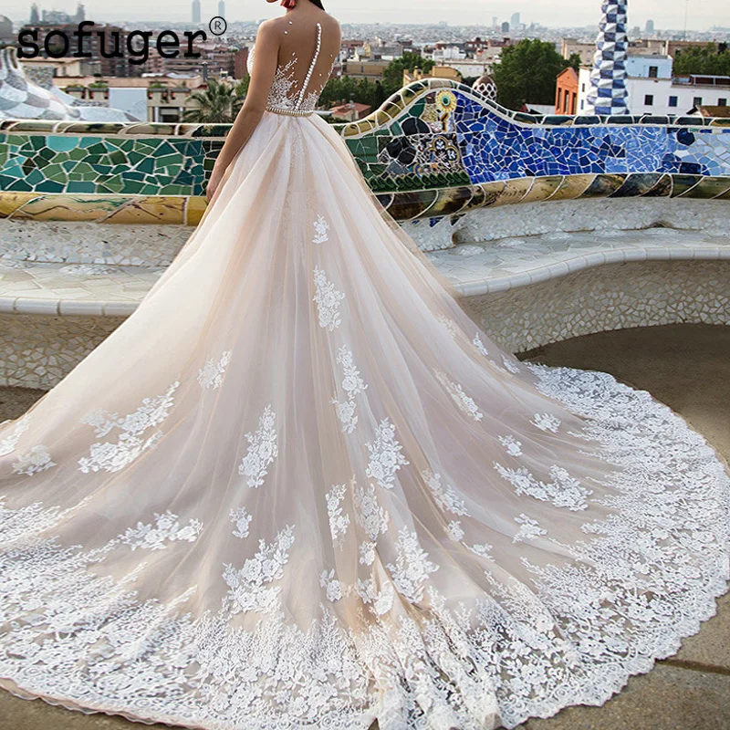 

Muslim Sheath Appliques Scoop Sexy Illusion Back Beading Sash Wedding Dress Bridal Wedding Dresses Vestidos de Noivas Custom