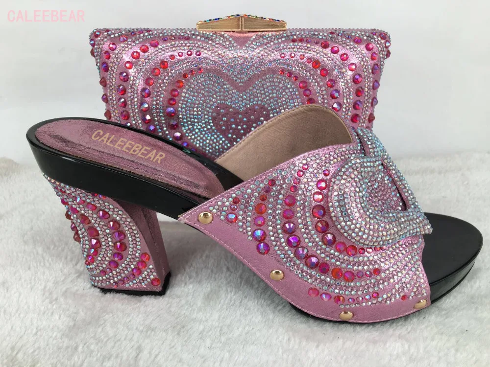 New Pink African Rhinestones Shoes and Bags Matching Set High Quality