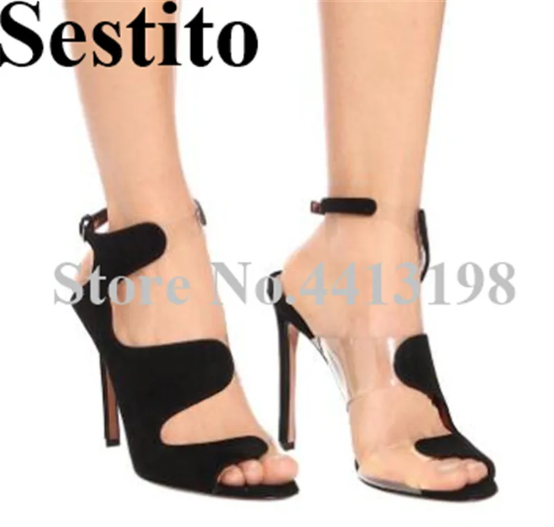 

New Fashion Flock PVC stitching Peep Toe Super High Thin Heel Dress Women Sandals Ankle Buckle Strap Ladies Summer Women Shoes