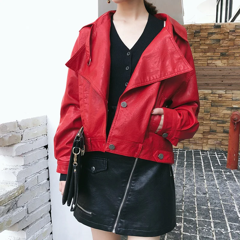 Vestes rouge Noir Boutons Chaqueta Rouge Noir Jeune Pu Nouveau Printemps Moto Automne Slim Cuir Design Manteau Faux Veste Gee En Mujer xxHaw1nqCR
