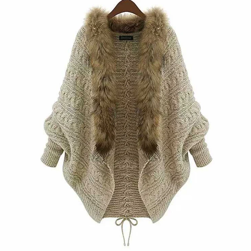 knitted cardigan with fur collar