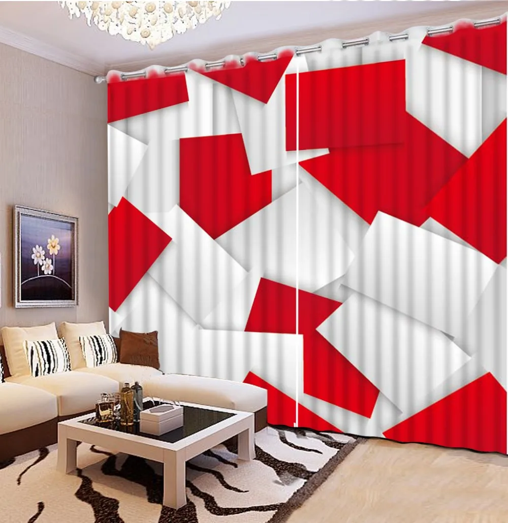 

Fashion 3D Home Decor Beautiful white and red square Curtains for living room custom curtains