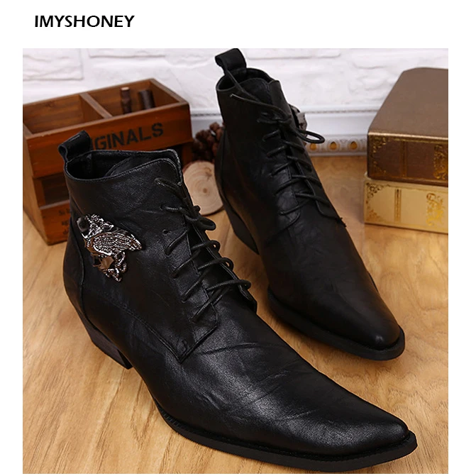 

Fashion Pointed Toe Lace Up Mens Shoes Western Cowboy Boots Big Yards 46 Metal Decoration
