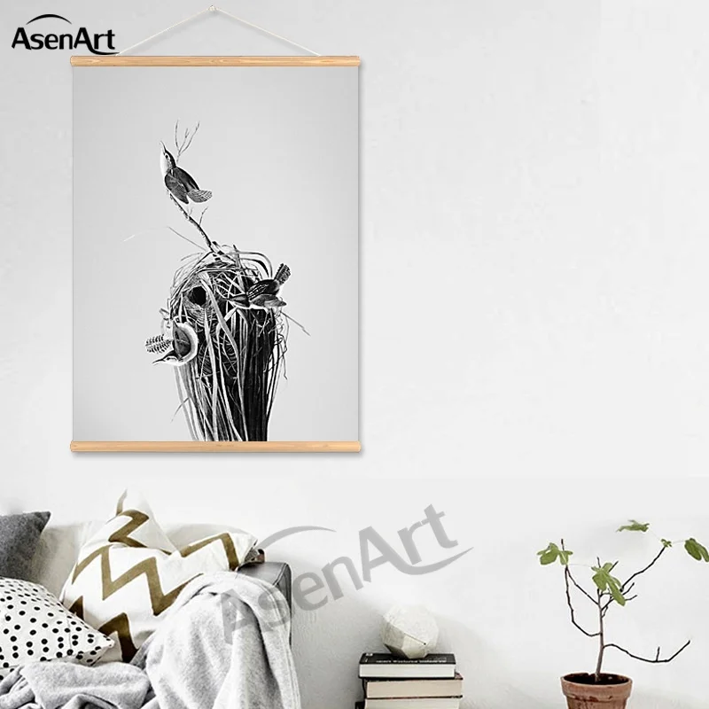 752 28 De Réductionnordique Peinture Style Impression Affiche Toile Oiseaux Et Nids Blanc Et Noir Avec Cadre En Bois Pour La Décoration De