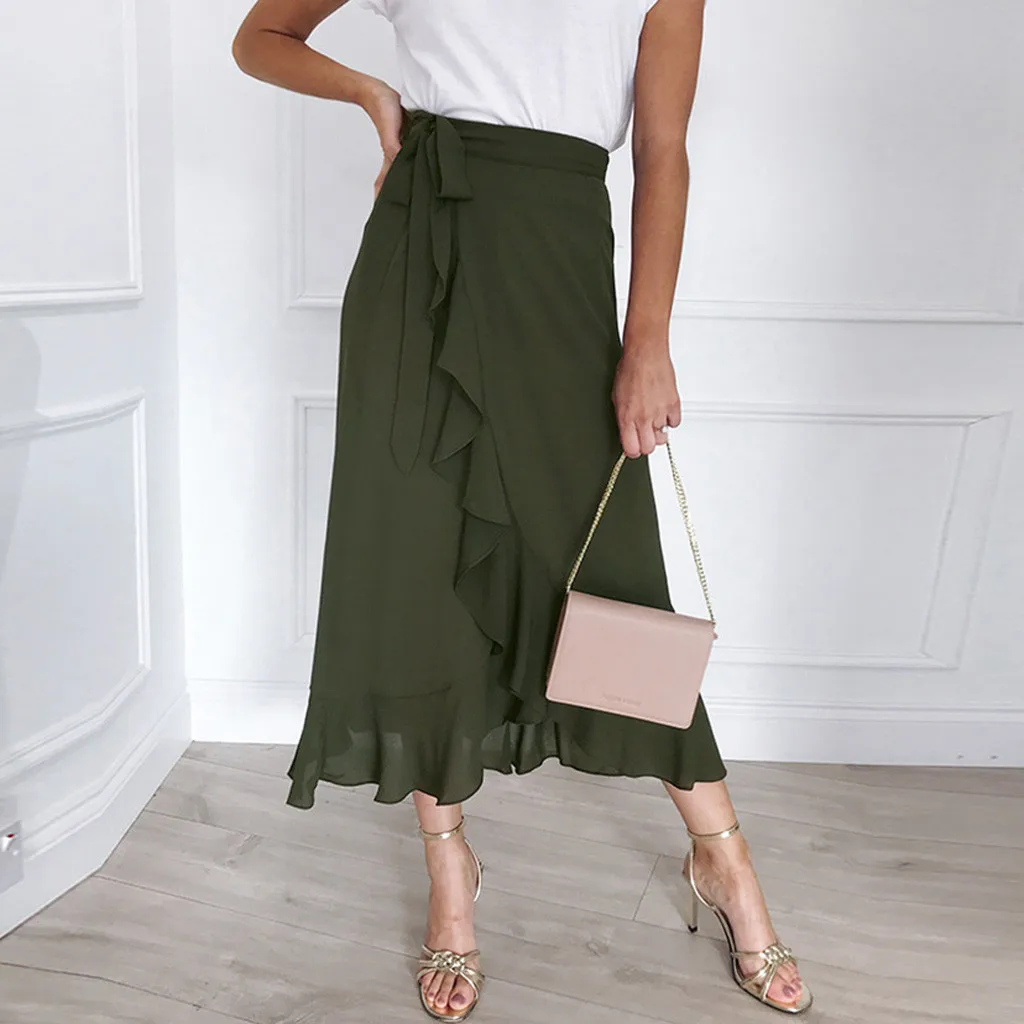 

SAGACE New Women Skirt Daily Summer Bohemia lady skirts big size High Waist Soild Ruffle Beach Wrap casual Maxi Long skirt 409