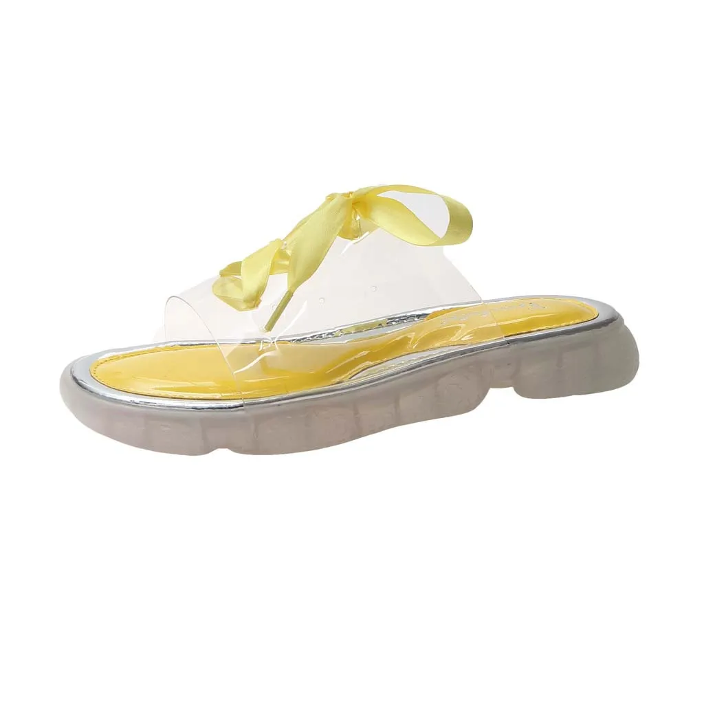 

Women Fashion Transparent Slippers Solid Color Ribbon Slippers Casual Slip Open Toe Sandals Non-Slip Flat Beach Slippers Mar 10