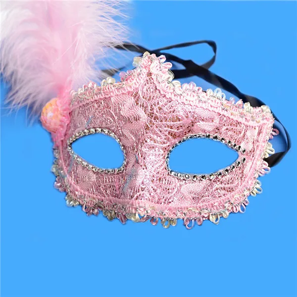 SEKINEW Vintage Masquerade Mask Eye With Feather Halloween Party Lace Fancy Dress Sexy Christmas Car Decoration Car Ornaments - Название цвета: Розовый