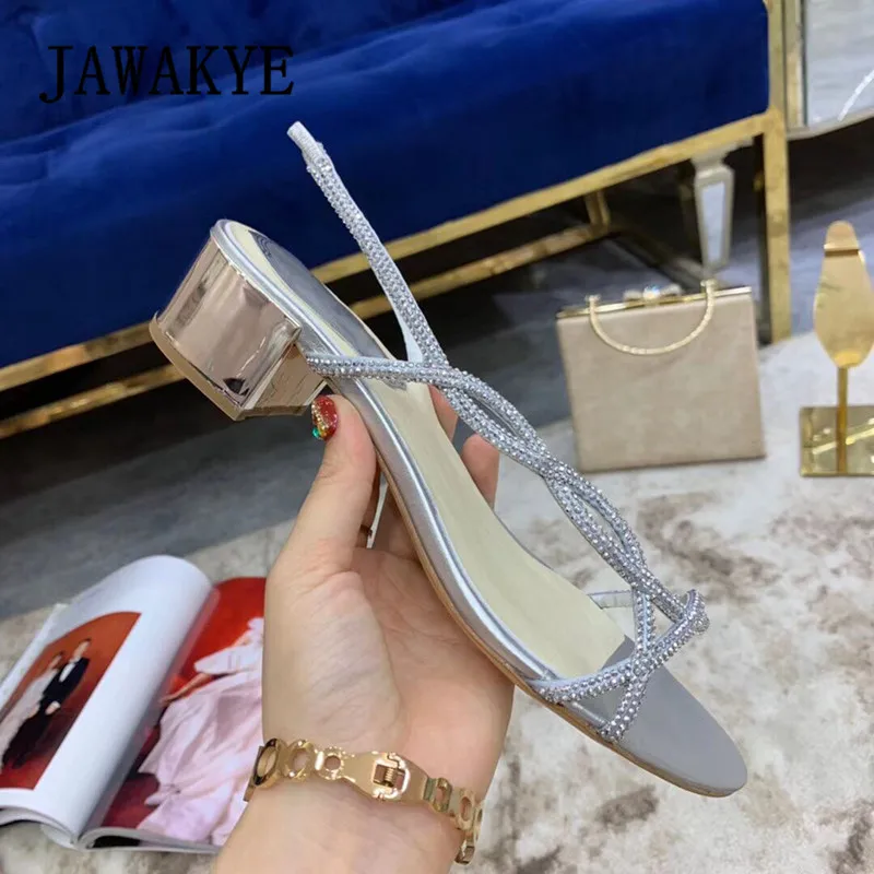 Женские Блестящие Босоножки JAWAKYE синие вечерние туфли на низком квадратном