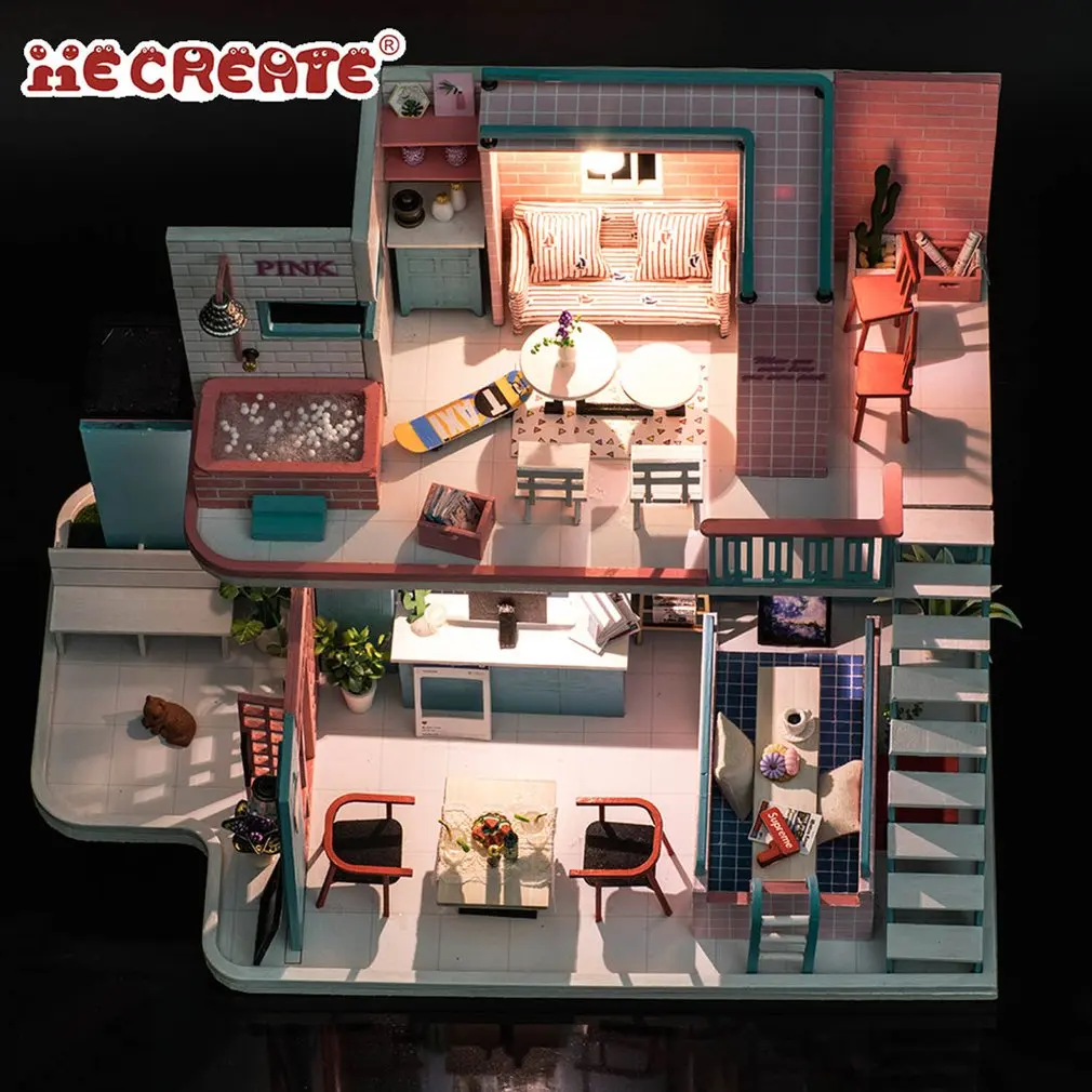 

Cute Doll House Furniture Diy Miniature Dust Cover 3D Wooden Miniaturas Dollhouse Toys for Children Christmas Gifts Happy life