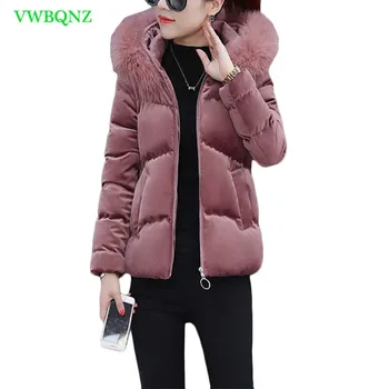 

New Winter Gold velvet Down Cotton Jacket Female Korean Warm Cotton Coat High quality Women Hooded Fur collar Overcoats A709
