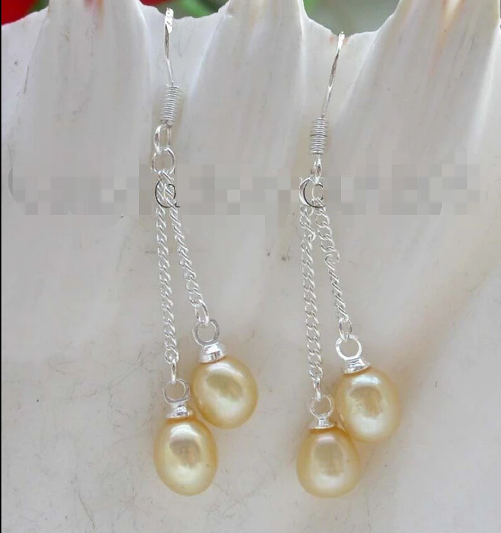 

Genuine Natural 7x9mm golden drip pearl Earrings Dangle 925ss #f1253!Noble style Natural Fine jewe fast SHIPPING