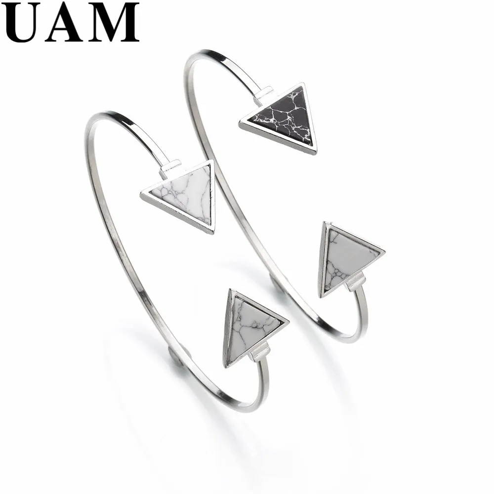 

UAM Summer Fashion Accessories Copper Silver Color Bangles Geometric Triangle Faux Stone Open Cuff Bracelets For Women Jewelry