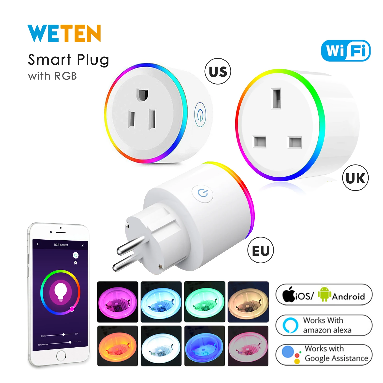 

Wifi Smart Power Socket Plug Outlet Switch RGB Light Power Monitor EU UK US 16A Phone App Voice Control with Alexa Google Home