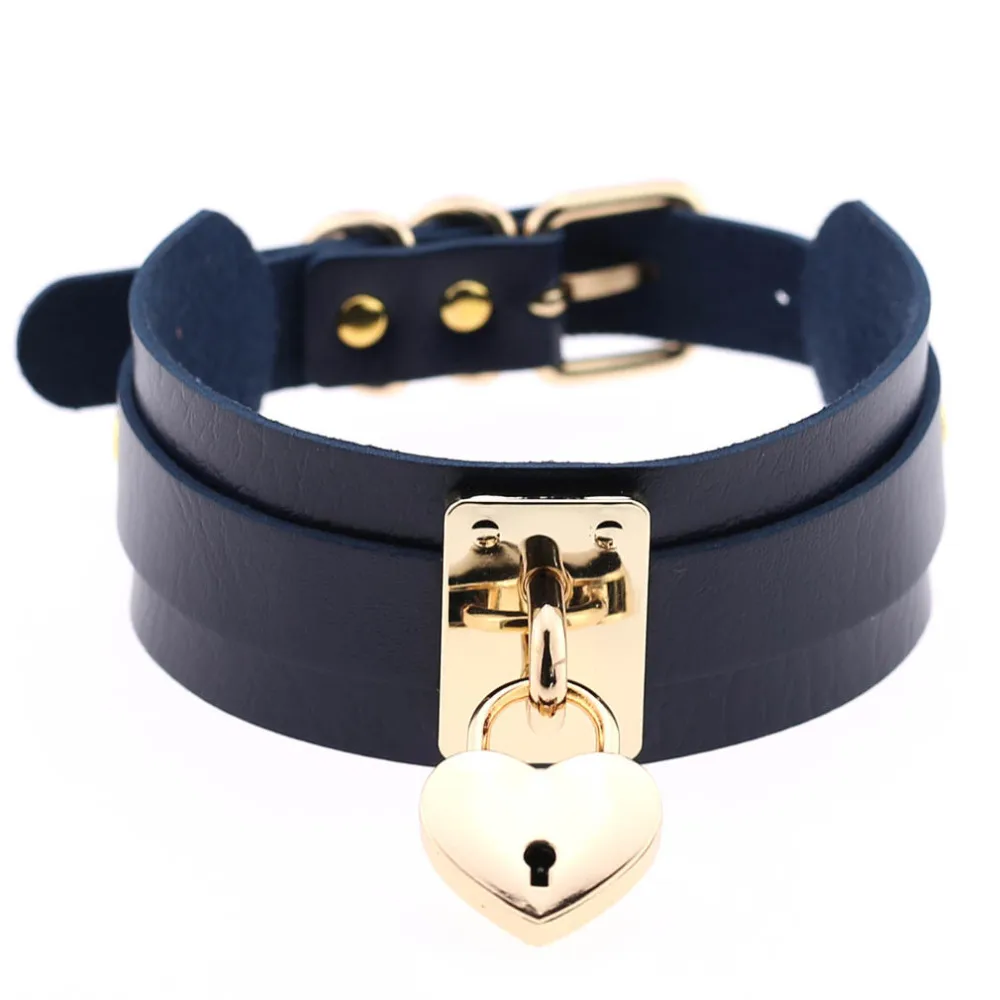 KMVEXO колье с золотым металлическим сердечком, кожаный ошейник, готическое Макси ожерелье с жгутом, женское черное готическое колье, Панк ювелирное изделие - Окраска металла: Gold Dark Blue