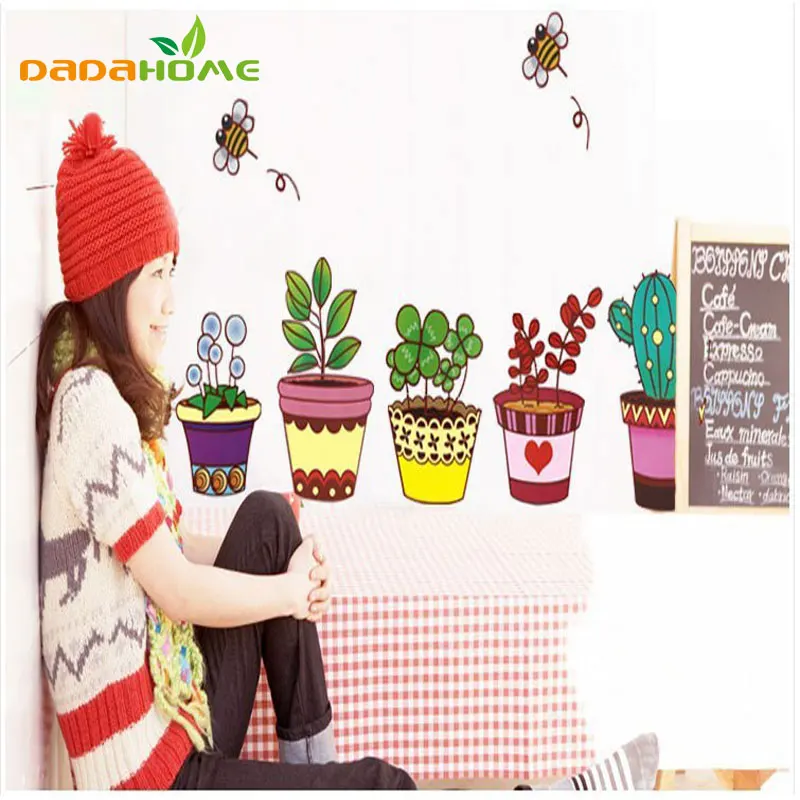 

Fast shipping Pot Plant Flower bee Nature Lovely small garden Window Decal Bathroom wall Sticker Decoration Living Room decor