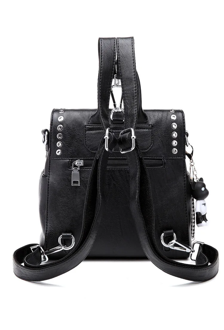 IMIDO, новинка, женский рюкзак, брендовый, дизайнерский, из мягкой кожи, черный, рюкзаки для девочек, с заклепками, сумка с медведем, шарм, mochila feminina SLD054