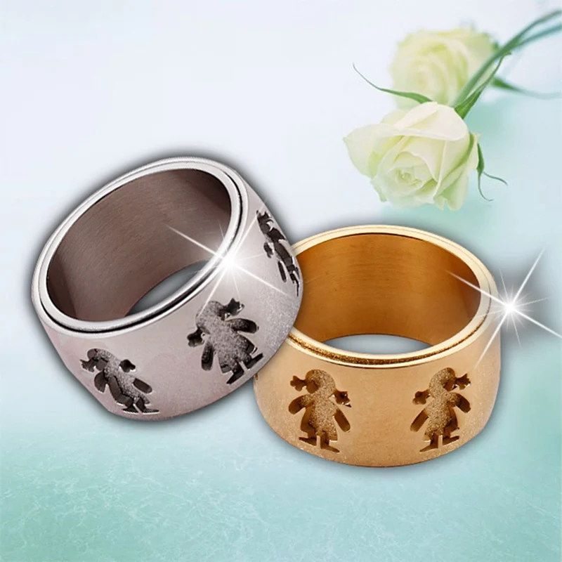 1pc Silver Gold Color High Quality Engagement Ring Wide&Thick Little Boy & Girl Pattern Finger Rings for Family Love Jewelry